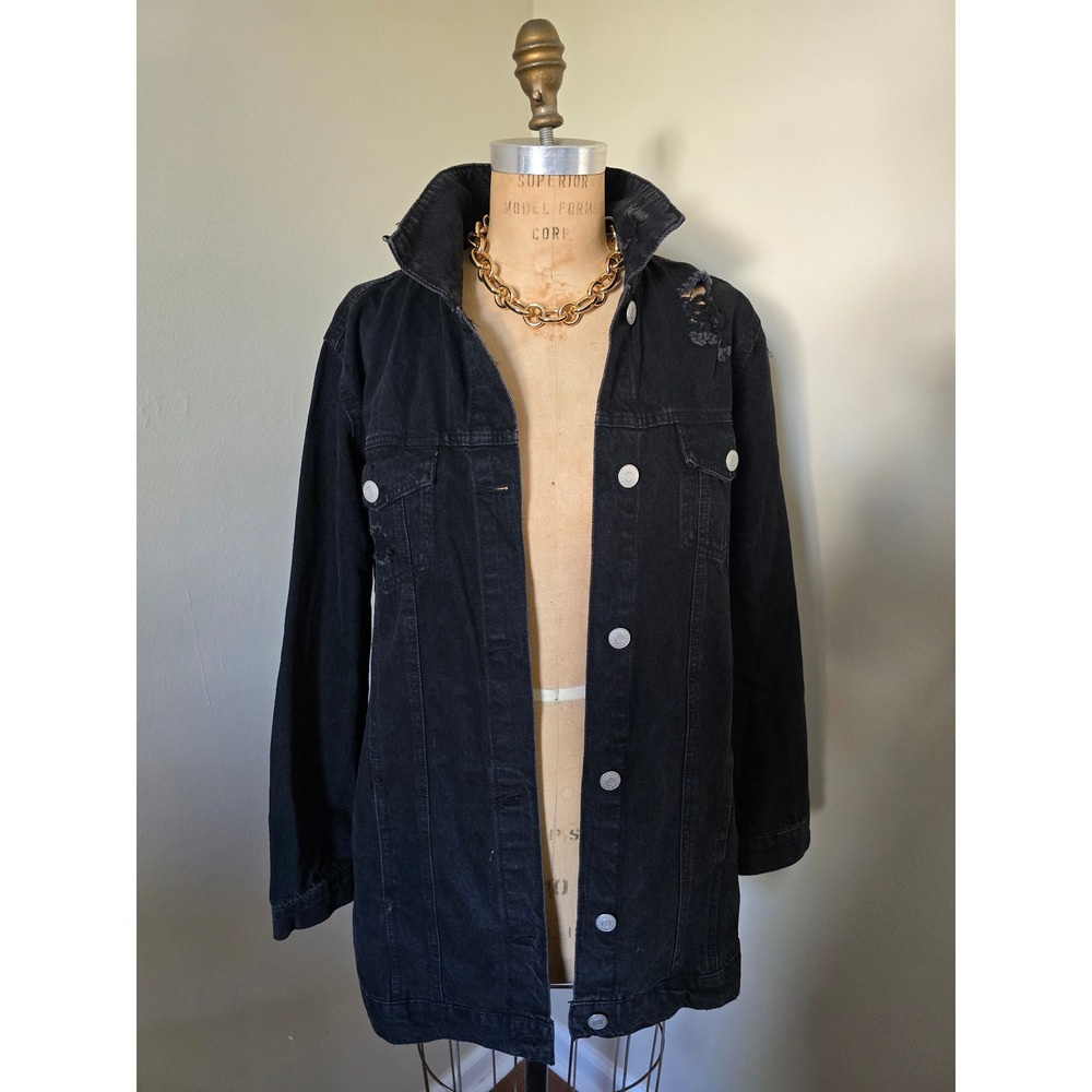 Refuge Denim Black Distressed Jacket Oversized Urban Style M